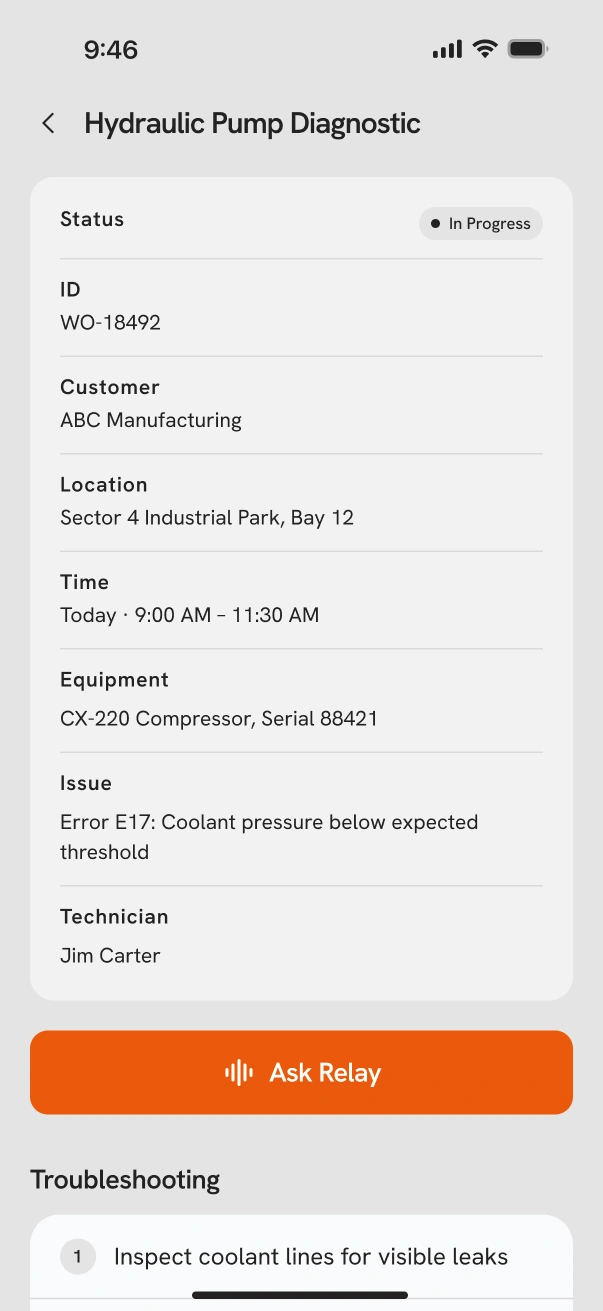 — equipment, issue, prior troubleshooting.